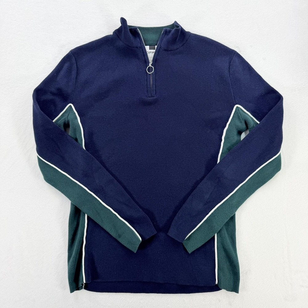 Topman Sweater Mens Small Blue Green 1/4 Zip Mock Neck Striped Knit Pullover